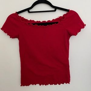 BRANDY MELVILLE OFF THE SHOULDER LETTUCE TRIM CROPPED TOP